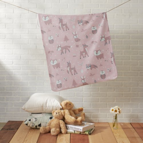 Pink Sleepy Little Woodland Critters Personalized Baby Blanket