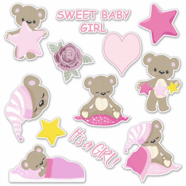 Pink Sleepy Teddy Bear Contour Sticker (Front)