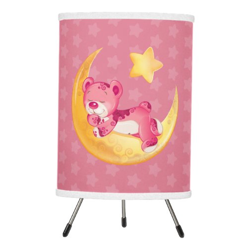 Pink Sleepy Teddy on Moon Tripod Lamp