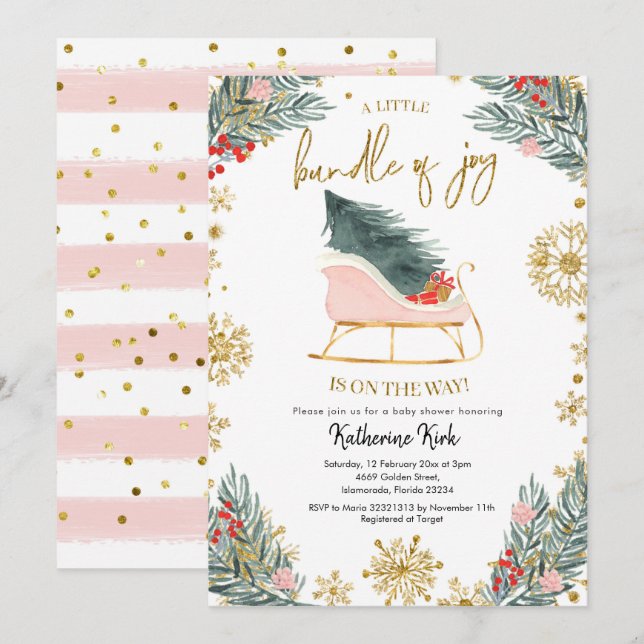 Pink Sleigh Baby Shower Little Bundle of Joy Invitation (Front/Back)