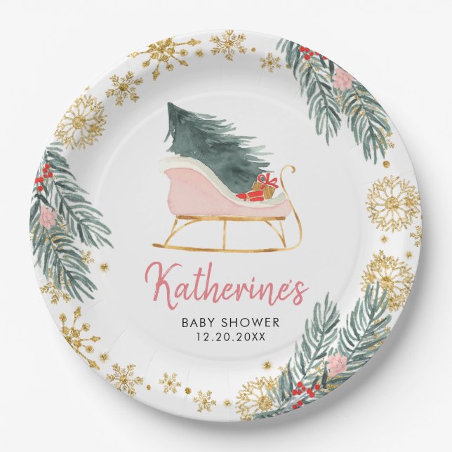Pink Sleigh Baby Shower Little Bundle of Joy Paper Plates (Front)