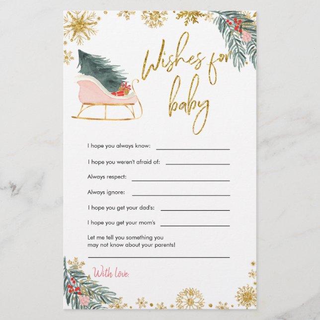 Pink Sleigh Christmas Baby Shower Wishes For Baby (Front)
