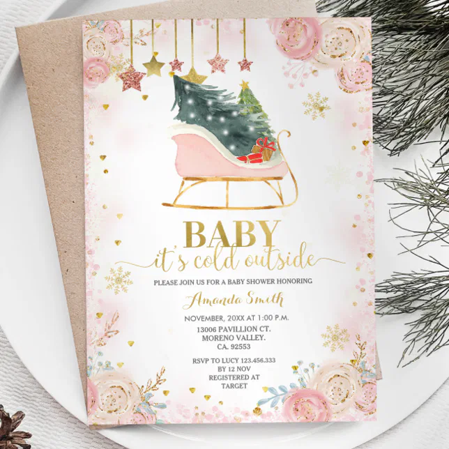 Pink Sleigh Floral Winter Baby Shower Invitation | Zazzle