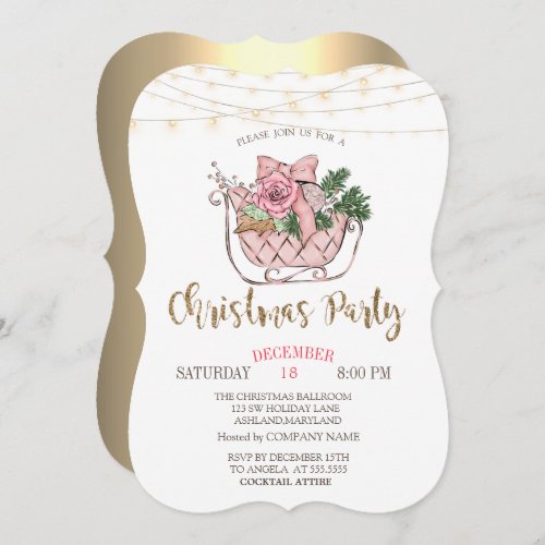 Pink Sleigh Lights Gold Christmas Company Invitation