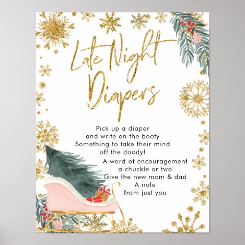 Pink Sleigh Winter Baby Shower Late Night Diapers Poster