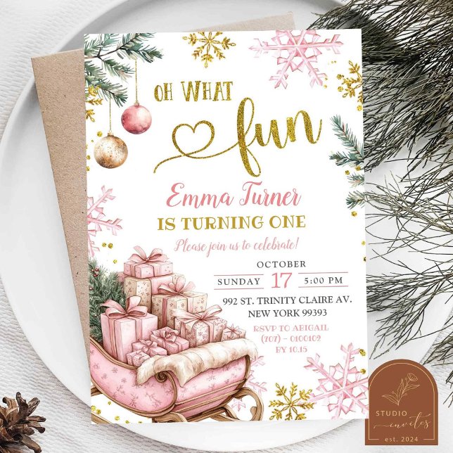 Pink Sleigh Winter First Birthday  Invitation (Creator Uploaded)