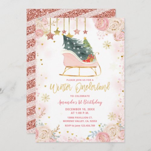  Pink Sleigh Winter Onederland Birthday Invitation