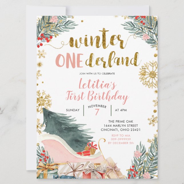 Pink sleigh winter onederland Birthday Invitation (Front)