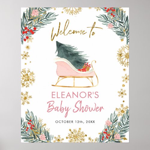 Pink Sleigh Winter Season Baby Shower Welcome sign