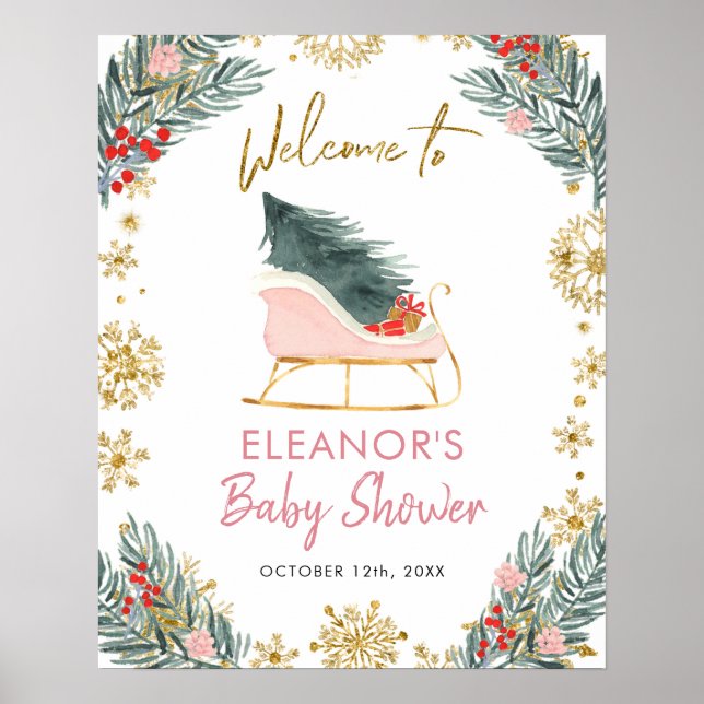 Pink Sleigh Winter Season Baby Shower Welcome sign (Front)