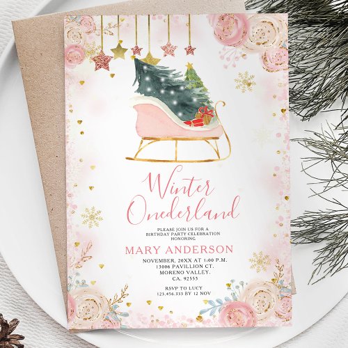 Pink Sleigh Winter Snowy Onederland 1st Birthday Invitation