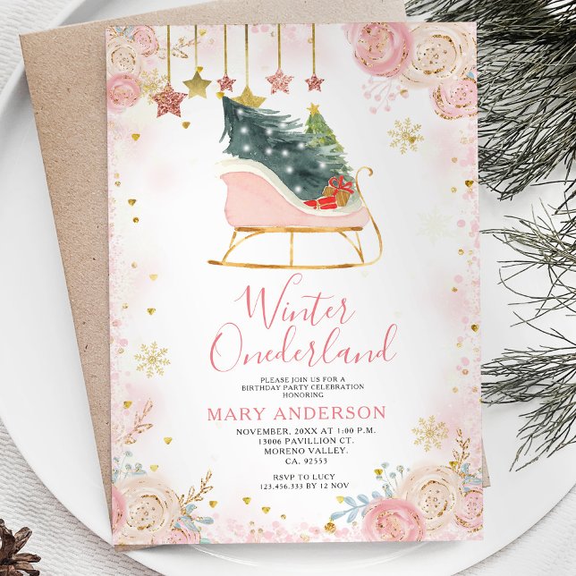 Pink Sleigh Winter Snowy Onederland 1st Birthday Invitation (Creator Uploaded)