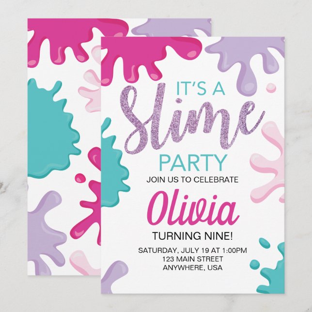Pink Slime glitter birthday party Invitation (Front/Back)
