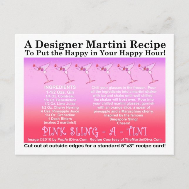 Pink Sling-A-Tini Martini Recipe Card Postcard (Front)