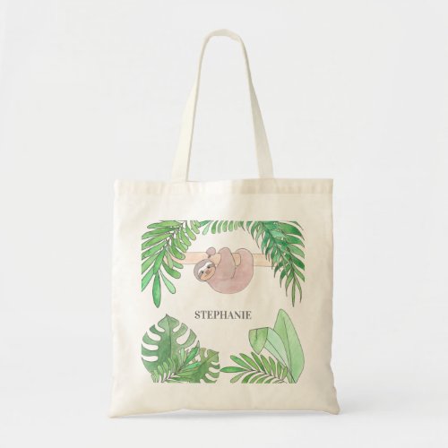 Pink Sloth Baby Jungle Leaves Watercolor Name Tote Bag