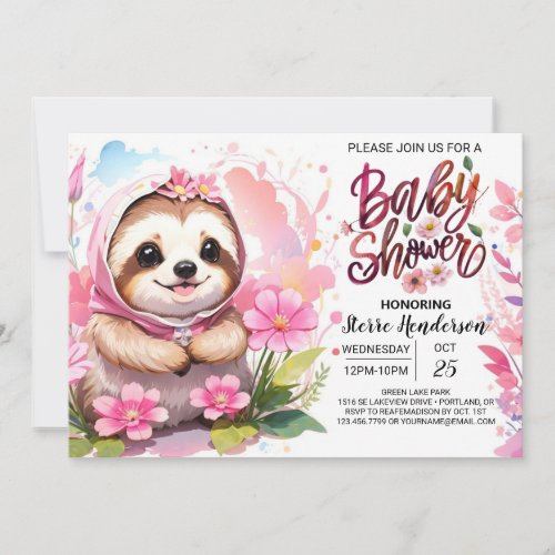Pink Sloth Cuteness Baby Shower Invitation