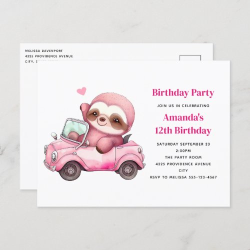 Pink Sloth Driving a Convertible Birthday Party Postcard