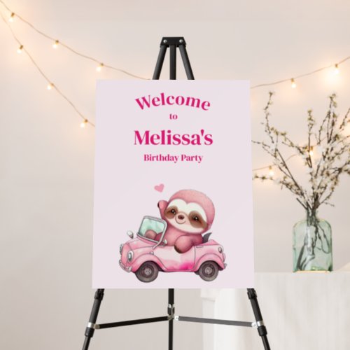 Pink Sloth Driving a Convertible Party Welcome Foam Board