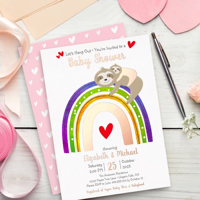 Pink Sloth Rainbow Girl Baby Shower Real Rose Gold Foil Invitation (Creator Uploaded)