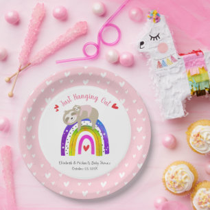 Pink Sloths Boho Rainbow Girl Baby Shower Modern Paper Plates