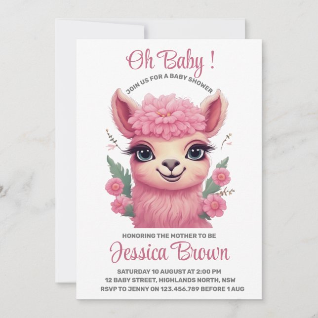 Pink Smiling Baby Lama Invitation (Front)