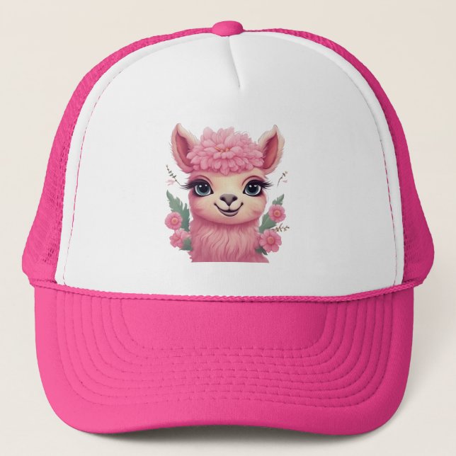 Pink Smiling Baby Lama Trucker Hat (Front)