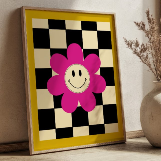 Pink Smiling Daisy on Black& White Checkered Retro Poster (Creator Uploaded)
