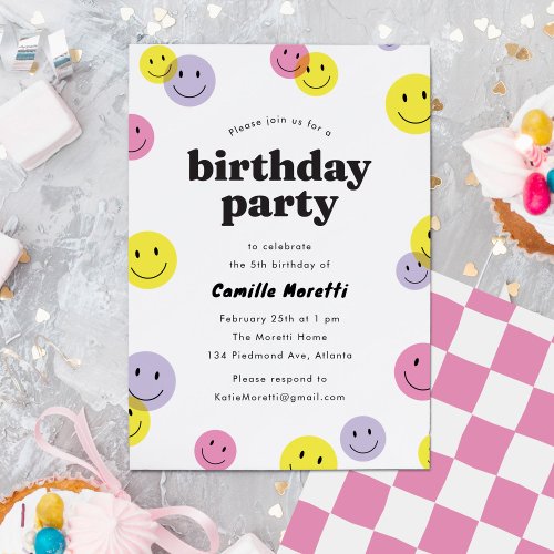 Pink Smiling Happy Face Kids Birthday Party Invitation