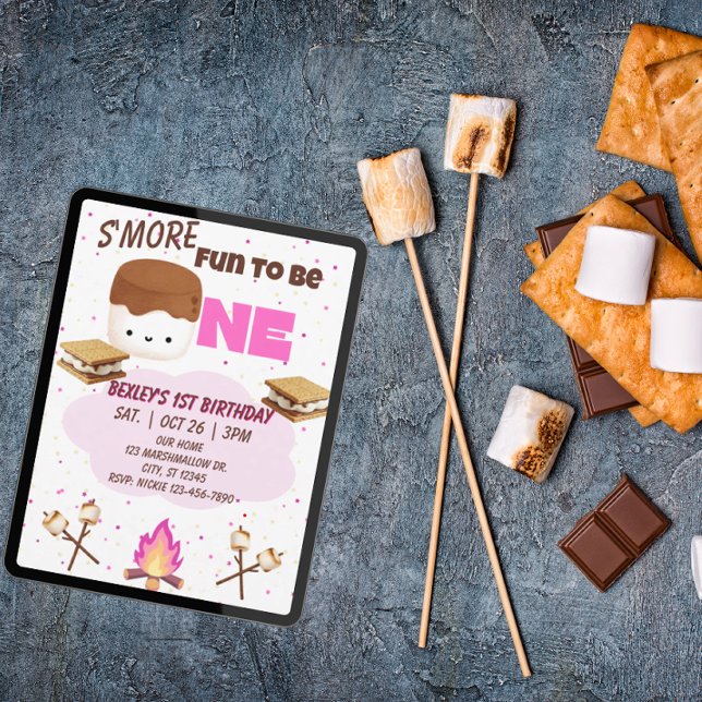 Pink, S'more Fun to be One, 1st Birthday Invitation (Creator Uploaded)