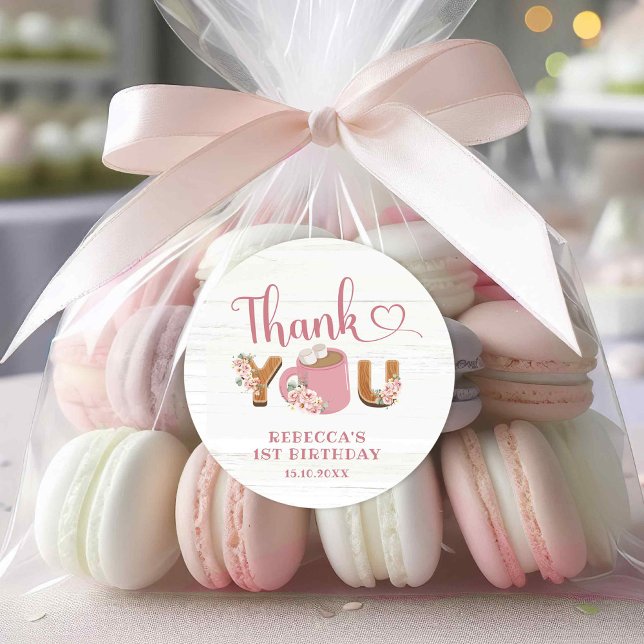Pink S'more Girl 1st Birthday Thank You Sticker (Creator Uploaded)