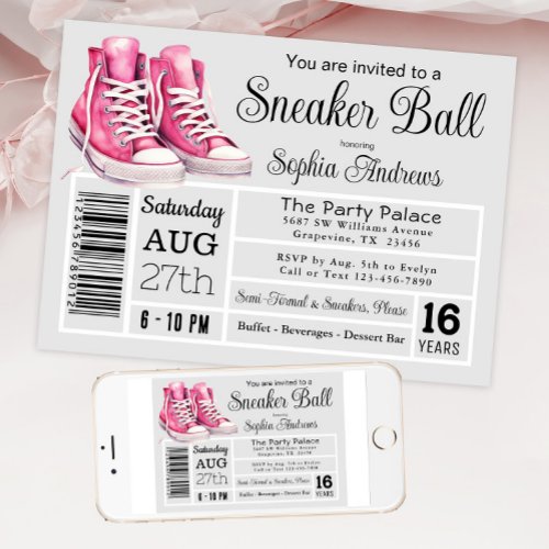 Pink Sneaker Ball Birthday Party Shoe Label Invitation