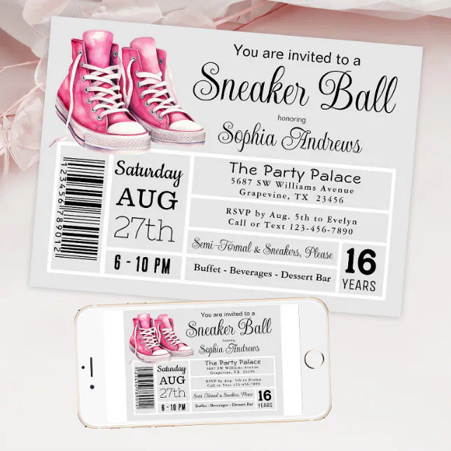 Pink Sneaker Ball Birthday Party Shoe Label Invitation | Zazzle