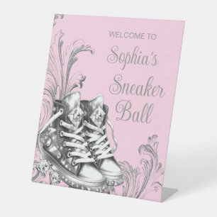 Pink Sneaker Ball Welcome Table Pedestal Sign