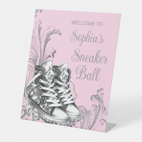 Pink Sneaker Ball Welcome Table Pedestal Sign