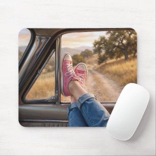 Pink Sneakers Hanging Out of Retro Car Window Mouse Pad