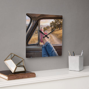 Pink Sneakers in Retro Car Window Square Wall Clock