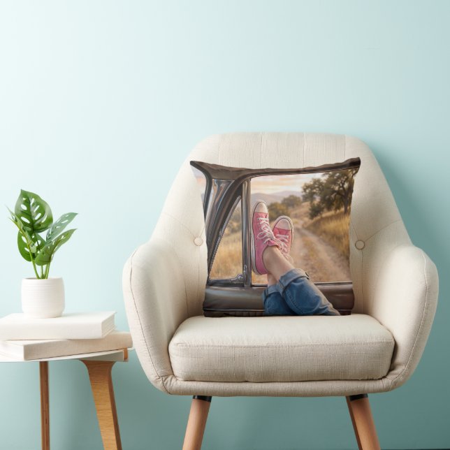 Pink Sneakers in Retro Car Window Throw Pillow (Chair)