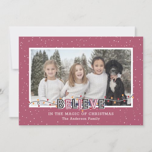 Pink Snow Believe In the Magic Photo Holiday Card