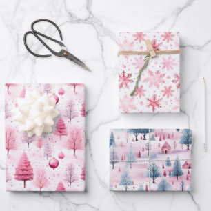 Pink Snow Christmas Watercolor Cartoon Design Wrapping Paper Sheets