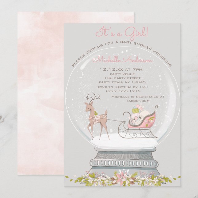 Pink Snow Globe Bear Deer Girl Baby Shower Invitation (Front/Back)