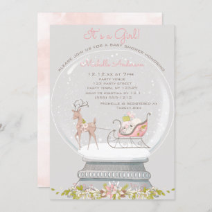 Pink Snow Globe Bear Deer Girl Baby Shower Invitation