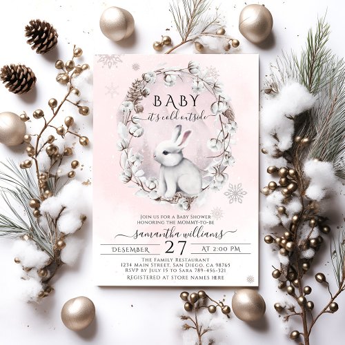 Pink snow its cold outside Woodland Baby Shower Invitation