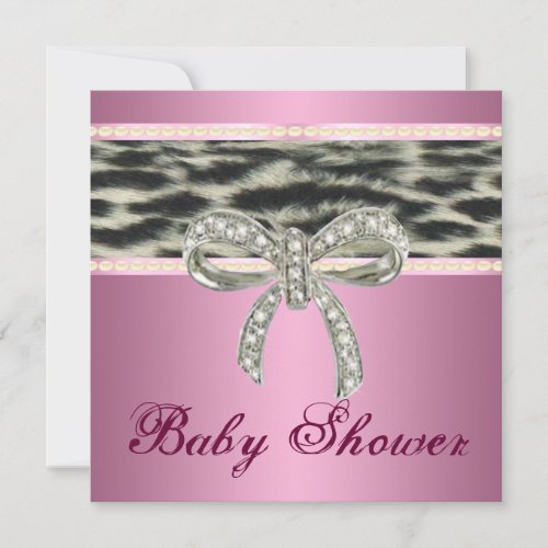 Pink Snow Leopard Diamond Bow Baby Shower Invite