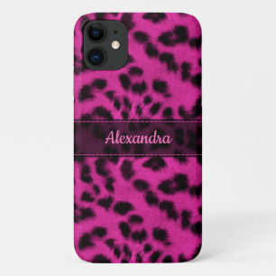 Pink Snow Leopard Skin Print, Name Personalized iPhone 11 Case