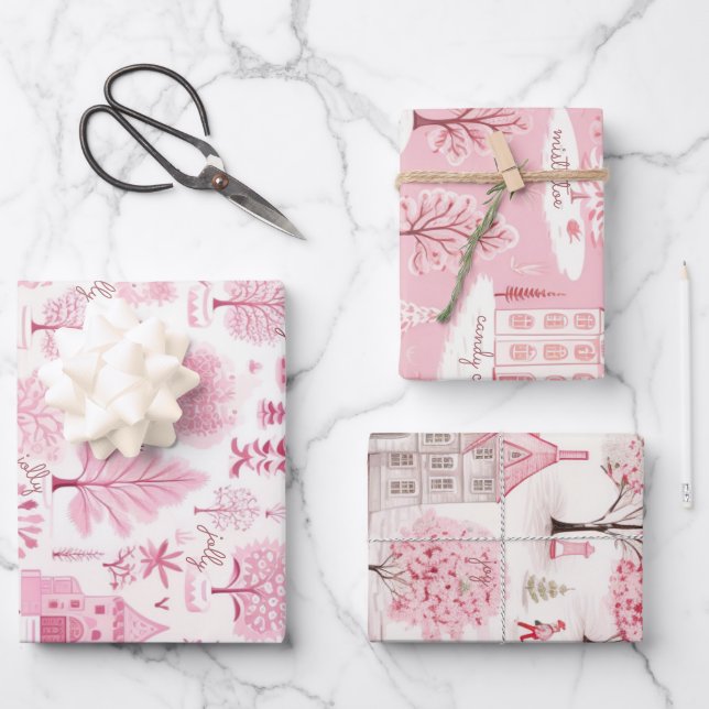 Pink Snow Winter Wonderland Christmas Wrapping Paper Sheets (Front)