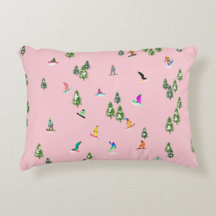 Pink Snowboarders Snowboarding Illustration    Accent Pillow