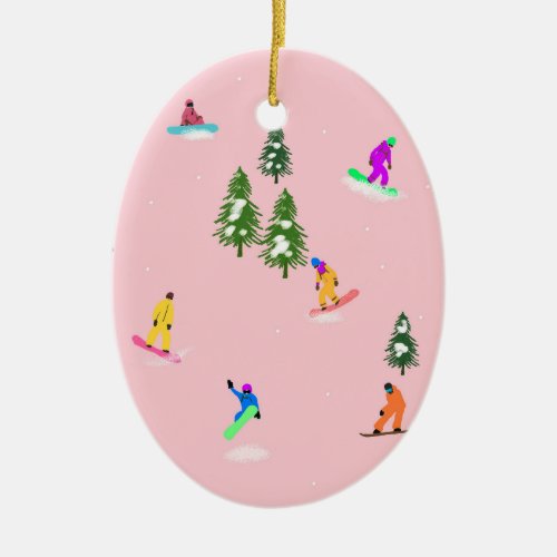 Pink Snowboarders Snowboarding Illustration    Ceramic Ornament