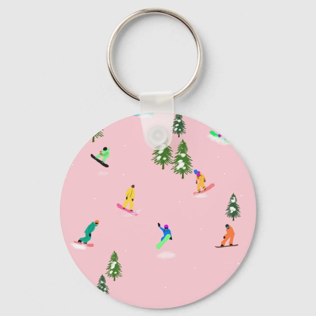 Pink Snowboarders Snowboarding Illustration     Keychain (Front)