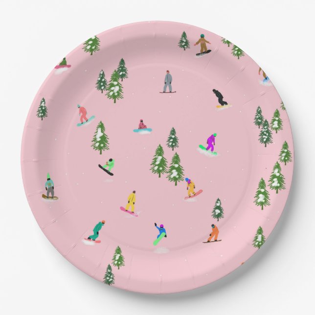 Pink Snowboarders Snowboarding Illustration     Paper Plates (Front)