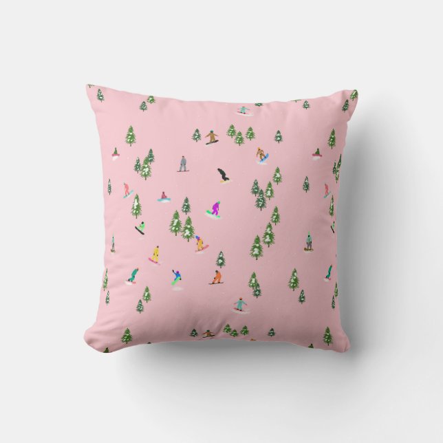 Pink Snowboarders Snowboarding Illustration    Throw Pillow (Front)